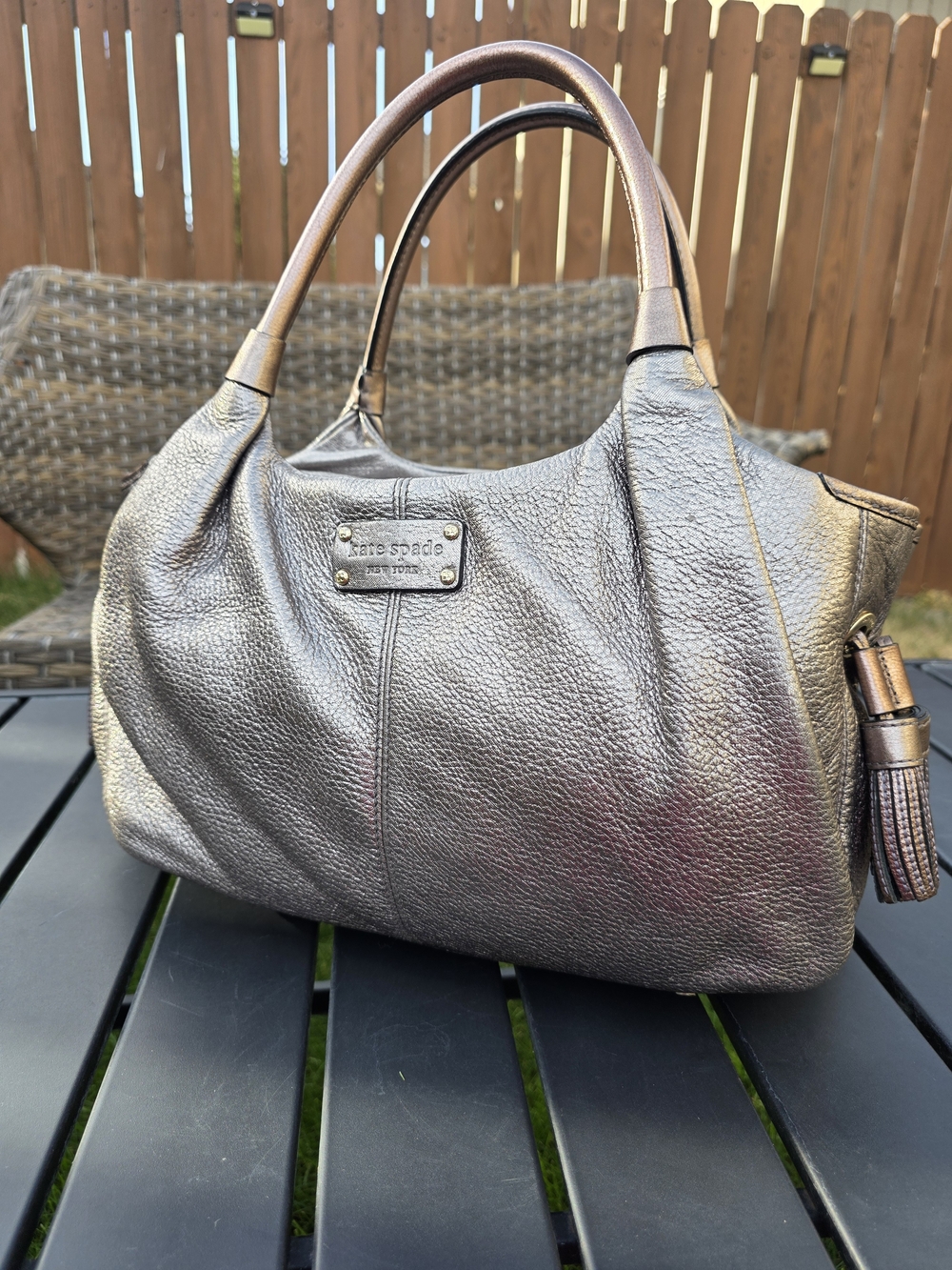 Kate Spade Stevie Metallic Bronze Pebbled Leather Satchel Shoulder Bag Tassel